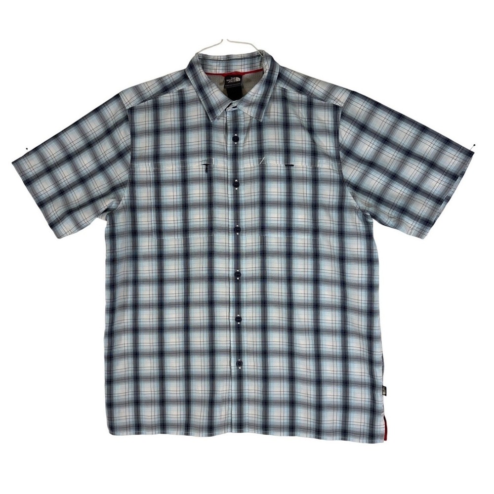 The North Face Mens Blue Plaid Short Sleeve Button Down Hiking Shirt Large ARNG